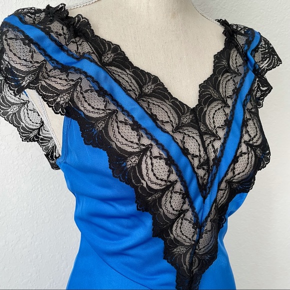 VINTAGE ROYAL BLUE LACE SILKY NIGHTGOWN SLIP DRESS MAXI MEDIUM - Picture 7 of 13
